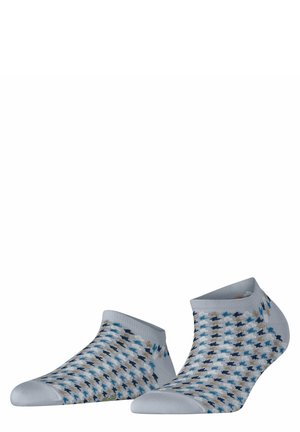Helle graue Knöchelsocken mit einem geometrischen Muster in Blau und Braun, nahtloser Zehenausschnitt und gerippter Bündchen für einen bequemen Sitz und Stil.