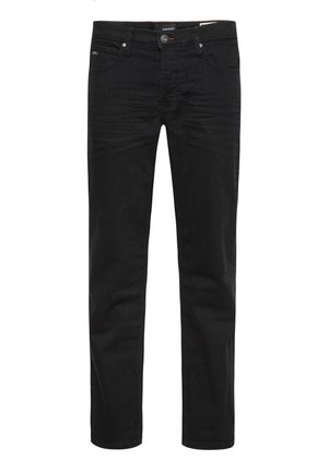 Black denim jeans with a straight fit, featuring two front pockets, a coin pocket, and one rear pocket. Subtle fading on the legs.