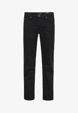 Schwarze Jeans aus Denim mit geradem Schnitt, ausgestattet mit zwei Fronttaschen, einer kleinen Tasche und einer Rückentasche. Dezente Ausbleichungen an den Beinen.
