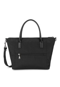 Borsa a tracolla nera realizzata in tessuto con una finitura strutturata. Dispone di due manici corti, una tracolla removibile e una tasca frontale con zip.