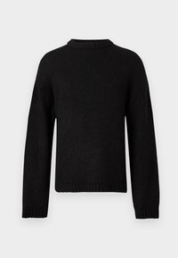 Pull en tricot noir avec un col rond, des manches longues et des bords côtelés. La texture est douce et légèrement épaisse.