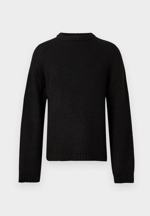 Black knitted sweater with a round neckline, long sleeves, and ribbed cuffs and hem. The texture is soft and slightly chunky.