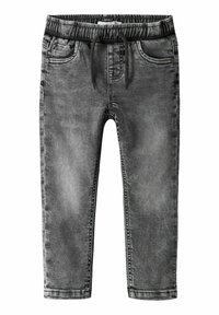 Grå denim bukser med elastisk midjebånd, justerbar snor og fem-lommers design, med en falmet finish og innsnevret ben.