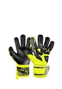 Schwarze und neongelbe Torwarthandschuhe mit strukturiertem Grip, elastischen Handgelenk cuff, verstärkten Fingerspitzen und geometrischen Mustern auf dem Handrücken.