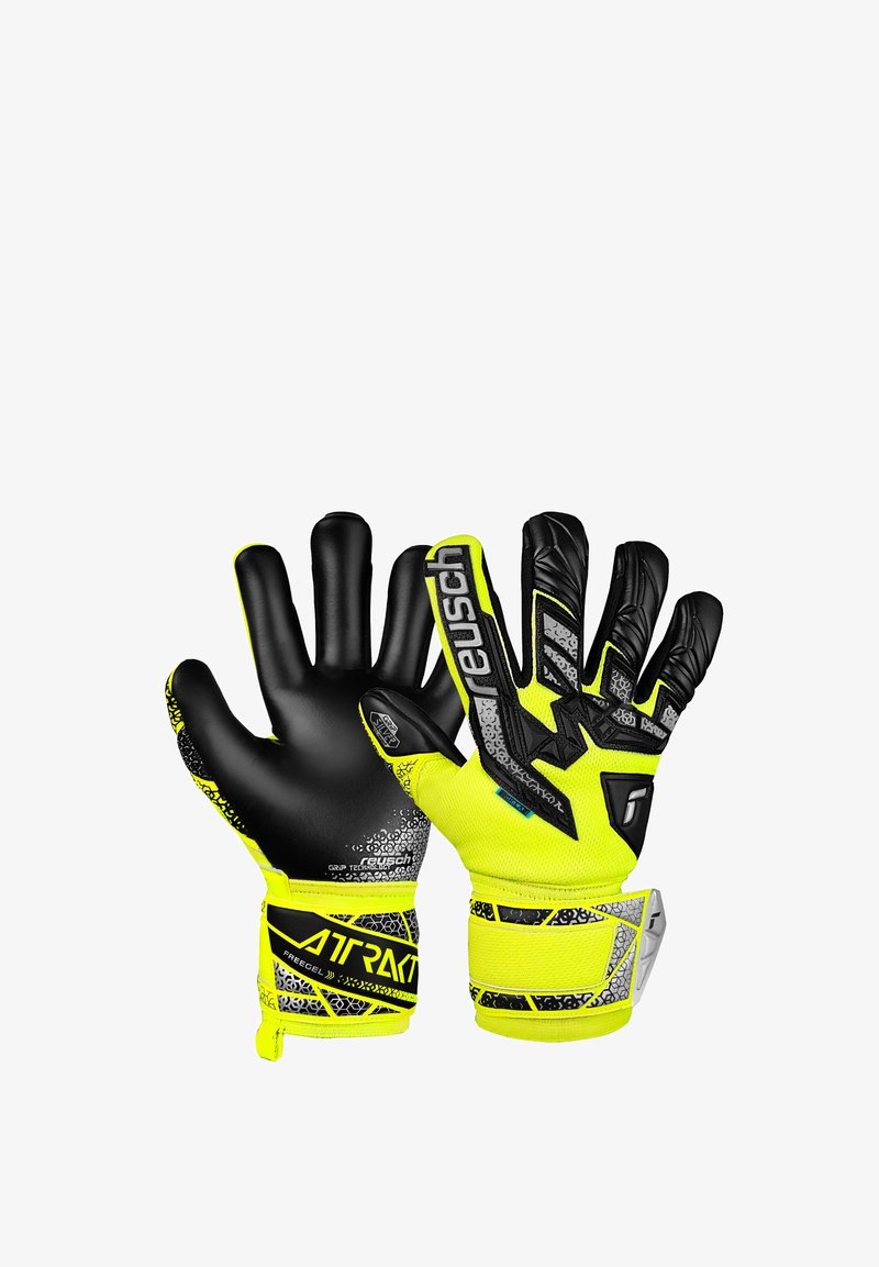 Schwarze und neongelbe Torwarthandschuhe mit strukturiertem Grip, elastischen Handgelenk cuff, verstärkten Fingerspitzen und geometrischen Mustern auf dem Handrücken.