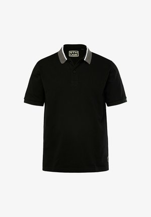 Mustassa poolopaidassa on kaksinappinen kaulus, harmaa yksityiskohta kauluksessa ja lyhyet hihat. Kankaan texture näyttää sileältä. Brändin logo näkyvissä sisällä.