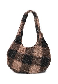 Fluffy schoudertas met een geruit patroon in bruin- en zwarttinten. Zachte textuur en een afgeronde vorm met een korte schouderband.