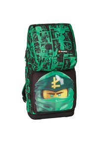 Zielony plecak z nylonu z nadrukami różnych postaci ninja, czarna kieszeń z przodu z dużą grafiką twarzy ninja i zamknięciem na zamek błyskawiczny.