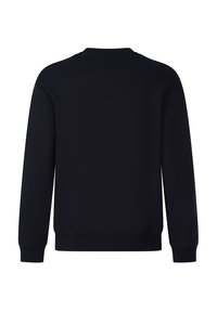 Schwarzer Sweatshirt mit rundem Halsausschnitt, langen Ärmeln und gerippten Bündchen. Glatte Textur und minimalistisches Design ohne sichtbare Logos oder Muster.