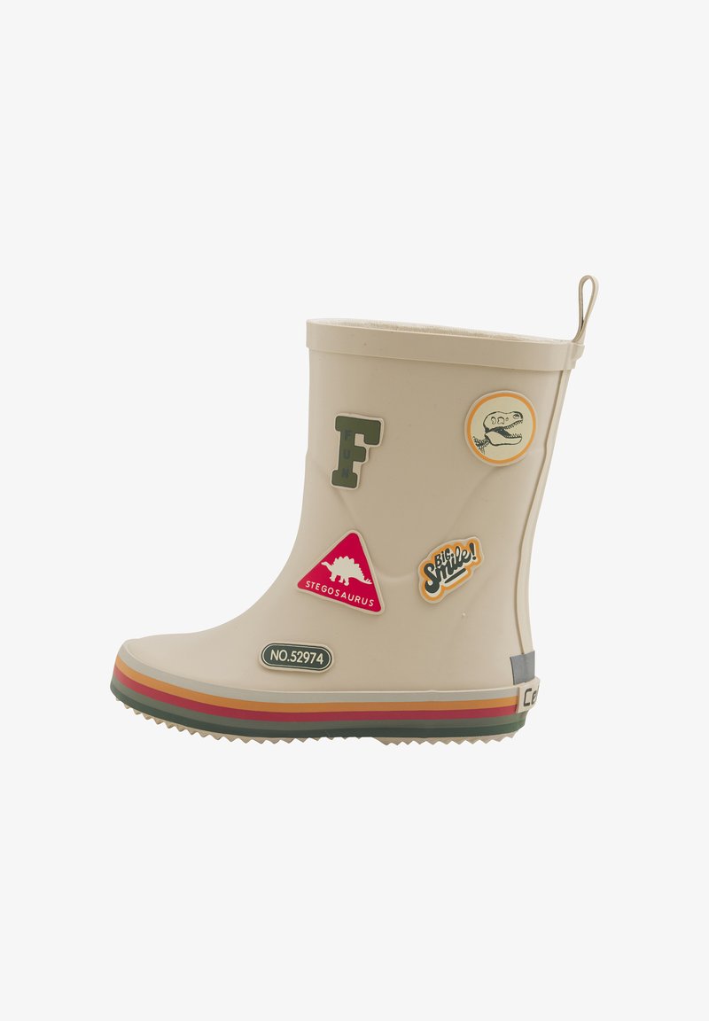 Stivale da pioggia in gomma beige con suola a righe colorate, caratterizzato da varie toppe tra cui uno stegosauro e la lettera "F".