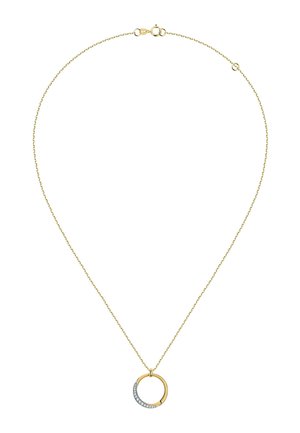 Delikat guldkæde halskæde med en rund vedhæng med guld og diamantbesatte sølvsegmenter samt en fjeder-ring lås.
