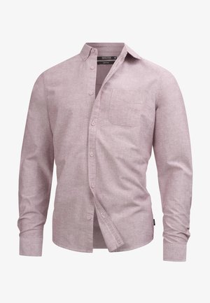 Langsleeve shirt in lichtroze stof met een button-down kraag, een borstzak en subtiele textuur; beschikt over bijpassende knopen langs de voorkant.