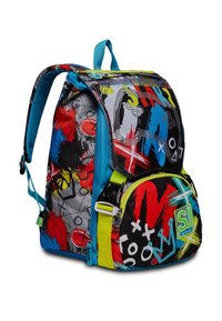 Zaino colorato con motivi astratti in rosso, blu e nero, con una cerniera verde e gialla e spallacci regolabili.