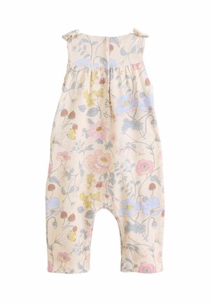 Salopetă cu un model floral, dintr-un material bej moale, cu flori roz, albastre și galbene. Are bretele ajustabile cu nod și o croială relaxată.