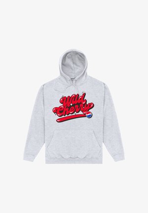 Szary hoodie z kapturem, z grafiką w kolorze czerwonym „Wild Cherry” z błyszczącymi akcentami oraz logiem Pepsi po lewej stronie, duża kieszeń z przodu.