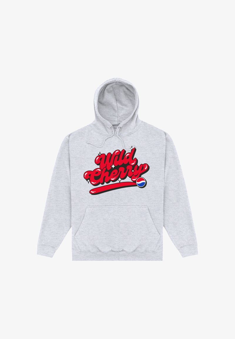 Šedá mikina s kapucí, na které je červený grafický motiv "Wild Cherry" s lesklými akcenty a logo Pepsi vlevo, velká přední kapsa.