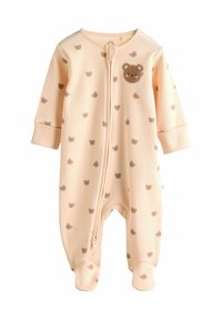 Pale peach infant onesie with ribbed texture, featuring a subtle bear print and a front zipper. Includes footed legs and long sleeves.