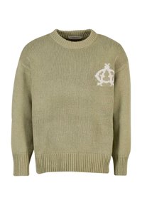 Hellgrüner Strickpullover mit rundem Ausschnitt, langen Ärmeln und gerippten Säumen. Verfügt über ein weißes Emblem auf der linken Seite.
