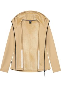 Chaqueta softshell beige con cierre de cremallera, capucha y dos bolsillos laterales. Interior forrado con una tela suave y lisa para mayor comodidad.