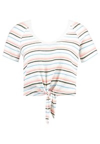 Krótki rękaw, żebrowany crop top z białym tłem i poziomymi paskami w różowym, niebieskim i czarnym kolorze, z węzełkiem z przodu.