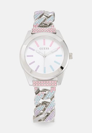 Sølvur med hvid urskive, flerfarvede time-markører og et kraftigt armbånd med pink, blå og lilla krystaller i et snoet design.