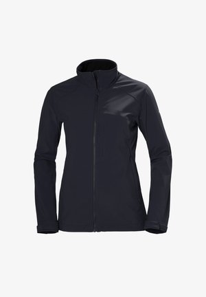 Donkerblauwe softshelljas met volledige ritssluiting aan de voorkant, opstaande kraag, lange mouwen en ritssluitingen op de borst- en zijzakken.