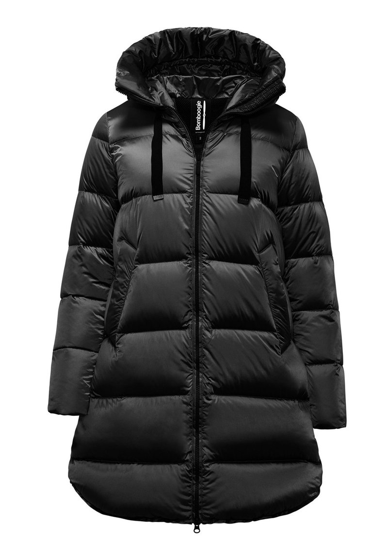 Cappotto imbottito nero con cappuccio, dotato di zip frontale, cordini elastici e design trapuntato. Realizzato in materiale lucido e liscio.