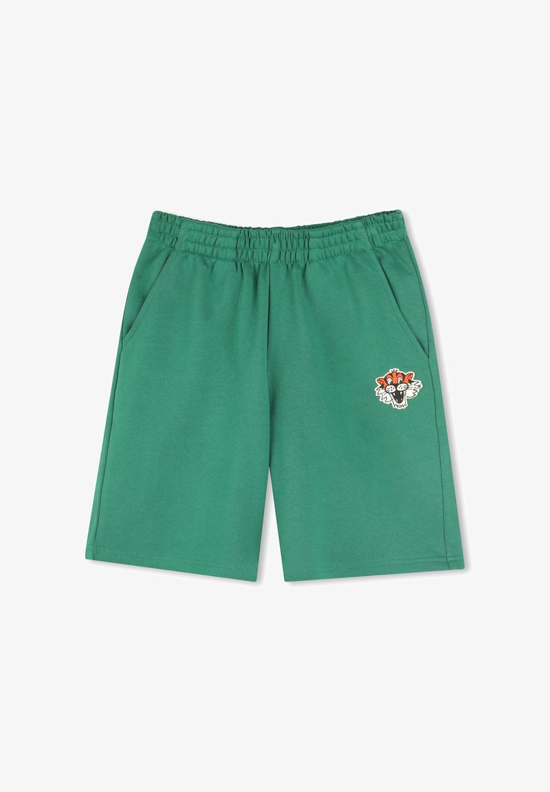 Groene katoenen shorts met een elastische tailleband, twee zijzakken en een tijgerapplicatie op het linkerpand. Soepel, casual ontwerp.