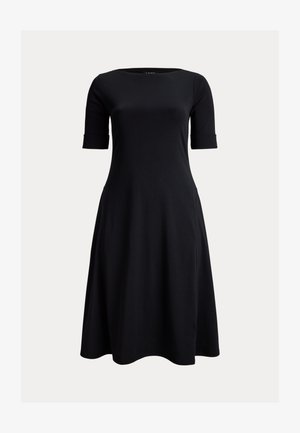 Black dress with a rounded neckline, short rolled sleeves, and a flared skirt. Made from soft fabric, featuring a smooth, textured finish.
