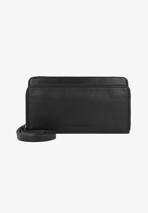 Portafoglio in pelle nera con superficie testurizzata, dotato di chiusura con zip e tracolla rimovibile per maggiore comodità. Design rettangolare semplice.