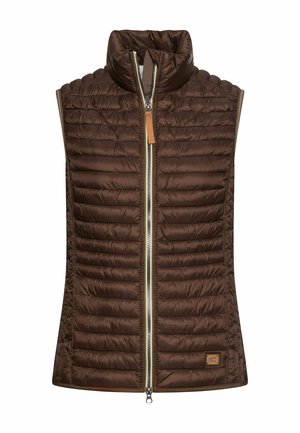 Braune gesteppte ärmellose Weste mit hohem Kragen und durchgehendem Frontreißverschluss mit Leder-Zieher, mit einem kleinen Leder-Logo-Patch nahe dem Saum.