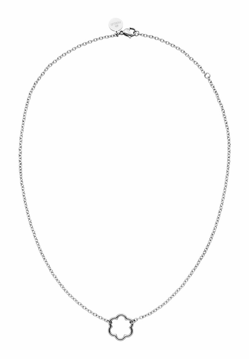 Collier chaîne en argent avec un petit pendentif ouvert en forme de fleur et un fermoir mousqueton, présenté sur fond blanc.