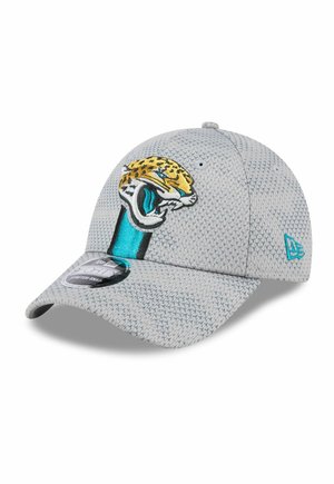 Helle graue strukturierte Baseballmütze mit einem brüllenden Jaguar-Logo in Türkis, Schwarz, Weiß und Gelb auf der Frontseite.