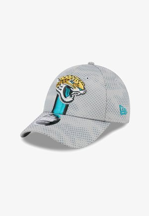 Casquette de baseball texturée gris clair avec un logo de jaguar rugissant en turquoise, noir, blanc et jaune sur le panneau avant.
