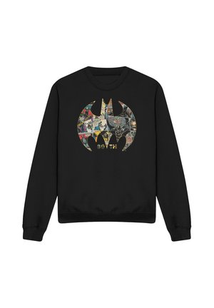 Schwarzer Sweatshirt mit großem Batman-Logo, gefüllt mit Comic-Szenen und "80th" Text unter dem Logo.