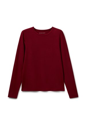 Bordeauxfarbendes Langarm-T-Shirt mit Rundhalsausschnitt und schlichtem Design, flach auf einem weißen Hintergrund ausgestellt.