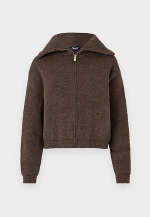 Pull zipé en mélange de laine marron avec col haut et poignets et ourlet côtelés, présenté sur un fond blanc.