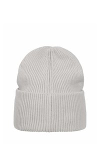 Vaaleanharmaa neulottu pipo, jossa on ribbikuvio, taitettavat reunat ja saumatonta yläosaa. Pehmeä materiaali mukavuutta ja lämpöä varten.