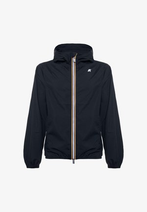 Zwarte lichtgewicht jas met capuchon, voorzien van een voorrits met gele accenten. Elastische manchetten en een logo aan de bovenlinkerzijde.