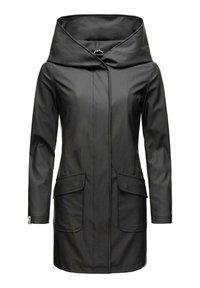 Zwarte waterdichte middellange regenjas met grote capuchon, lange mouwen, voorzakken met klep en verborgen sluiting aan de voorkant.