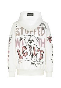 Witte hoodie met grafische ontwerpen van een beer, bloemen en tekst. Gemaakt van zachte stof, met een frontzak en geribde manchetten.
