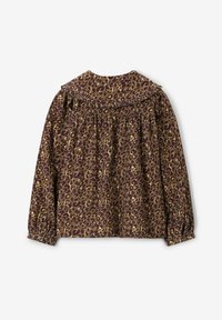 Leopard print long-sleeve blouse in brown and gold. Features a ruffled collar and gathered back for a relaxed fit. Émules cuffs detail.