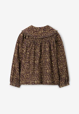 Blouse à manches longues en imprimé léopard marron et or. Dotée d'un col volanté et d'un dos froncé pour un ajustement décontracté. Détails des poignets émulets.
