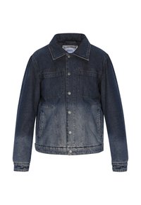 Sötét farmerdzseki gombos elülső résszel, két mellzsebbel és a szegélyénél egy kicsit világosabb árnyalattal. Klasszikus gallér és hosszú ujjú kialakítás.