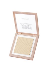 Cipria compatta in un elegante astuccio pesco chiaro, con una superficie in polvere beige decorata. Coperchio trasparente con testo riflettente all'interno.
