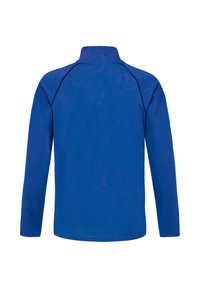 Dlhý rukáv modrý sveter s vysokým golierom, hladkým povrchom a kontrastnými švovými akcentmi. Má zaoblený lem a priliehavý strih.