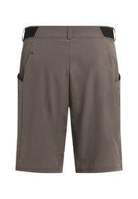 Pantaloncini outdoor da uomo marroni con tasche laterali e pannelli elastici neri in vita, mostrati da dietro su sfondo bianco.