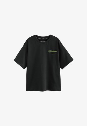 Schwarz Baumwoll-T-Shirt mit kurzen Ärmeln, Rundhalsausschnitt und grünem "ALLSAINTS"-Logo auf der Vorderseite. Glatte Textur, lockere Passform.
