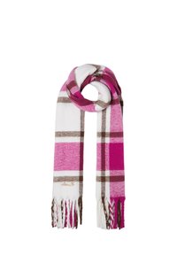Sciarpa in tessuto con un motivo a plaid rosa, bianco e marrone, con bordi sfrangiati e un discreto dettaglio del logo in basso.