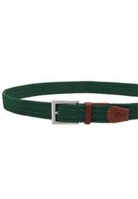 Grüner gewebter Gürtel mit einer silbernen Metall-Schnalle, versehen mit einem braunen Lederakzent. Der Gürtel hat ein strukturiertes, elastisches Design.